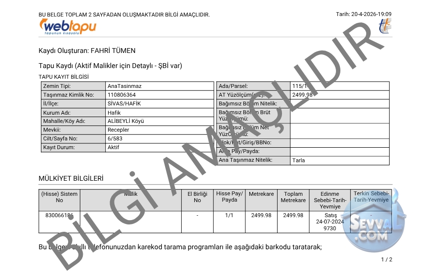 SİVAS HAFİK ALİBEYLİ KÖYÜNDE 2.499 M² TARLAMIZ SATILIKTIR. - Sivas Hafik fotoğraf 3