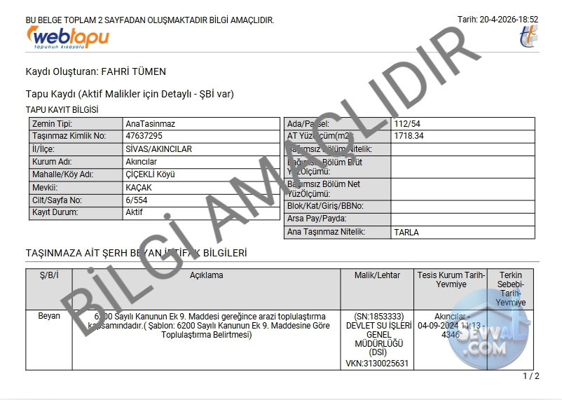 SİVAS AKINCILAR ÇİÇEKLİ KÖYÜNDE 1.718 M² TARLAMIZ SATILIKTIR. - Sivas Akıncılar fotoğraf 12