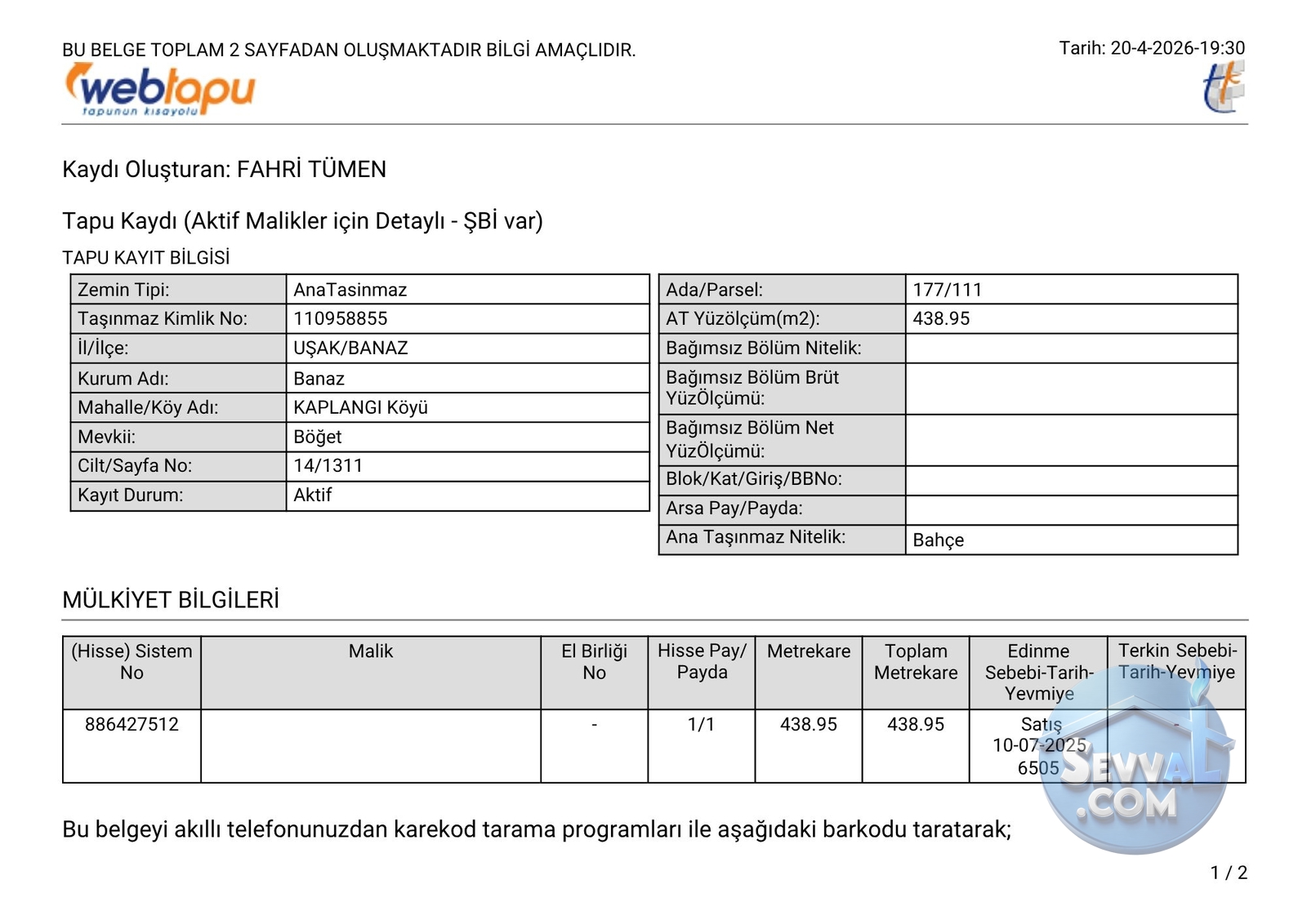 UŞAK BANAZ KAPLANGI KÖYÜNDE 438 M² BAHÇEMİZ SATILIKTIR. - Uşak Banaz fotoğraf 5