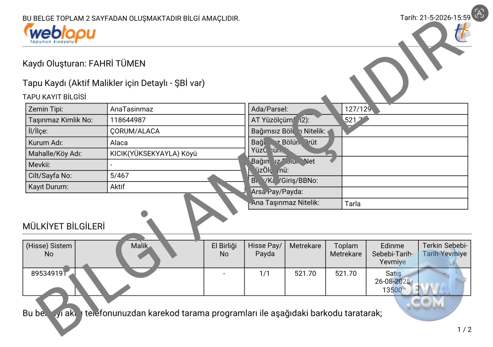 ÇORUM ALACA KİCİK YÜKSEKYAYLA KÖYÜNDE 521 m² TARLAMIZ SATILIKTIR - Çorum Alaca fotoğraf 4