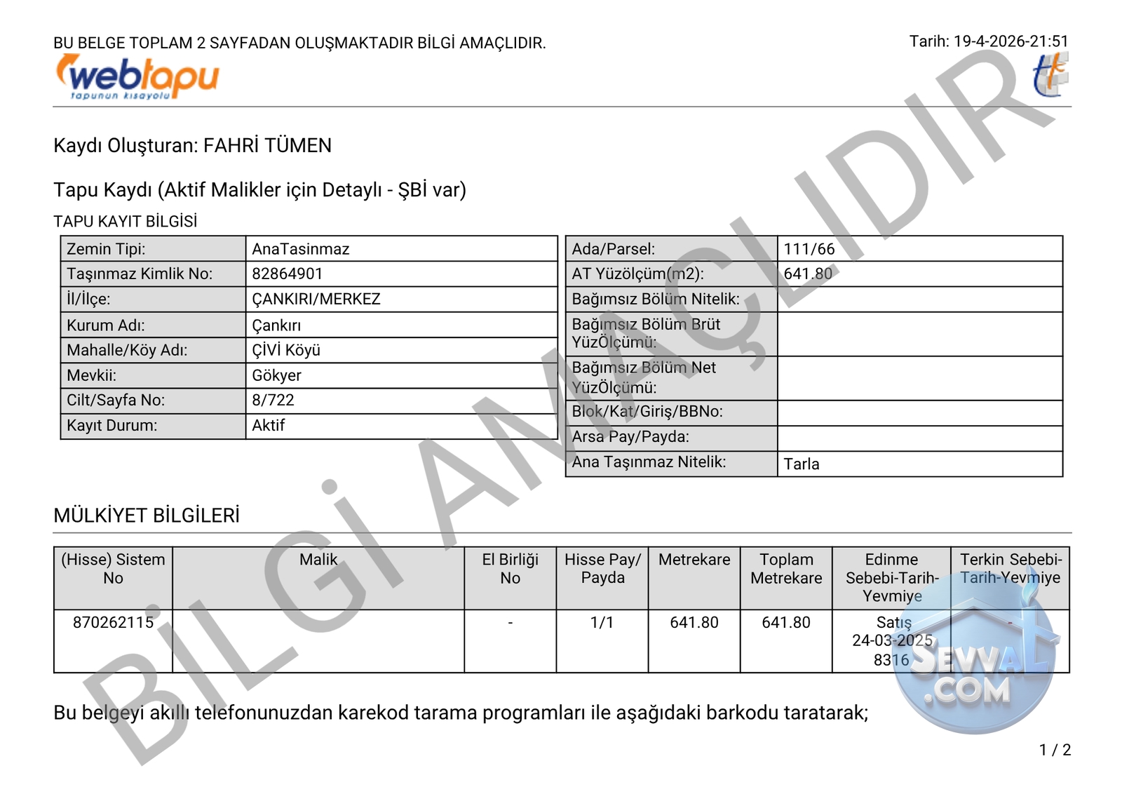 ÇANKIRI MERKEZ ÇİVİ KÖYÜNDE 641 M² TARLAMIZ SATILIKTIR. - Çankırı Merkez fotoğraf 2