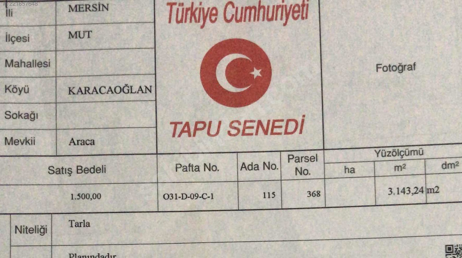 Karacaoğlan'da MUTUN EN UYGUN TARLASI SORUNSUZ 3.143 M² Mersin / Mut - MERSİN MUT fotoğraf 4