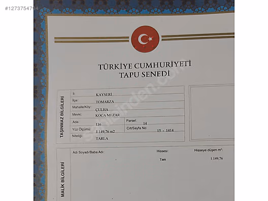 KAYSERİ TOMARZA CULHA   KÖYÜNDE  1.149  M²  TARLA  SATILIKTIR - KAYSERİ TOMARZA fotoğraf 6