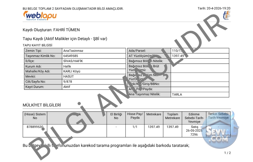 SİVAS HAFİK KARLI KÖYÜNDE 1.397 M² TARLAMIZ SATILIKTIR. - Sivas Hafik fotoğraf 3
