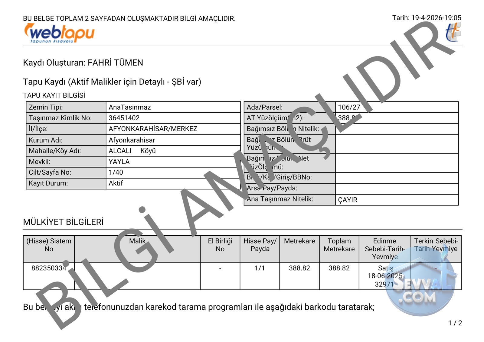 AFYONKARAHİSAR MERKEZ ALCALI KÖYÜ 388 m² ÇAYIR SATILIK - Afyonkarahisar Merkez fotoğraf 13