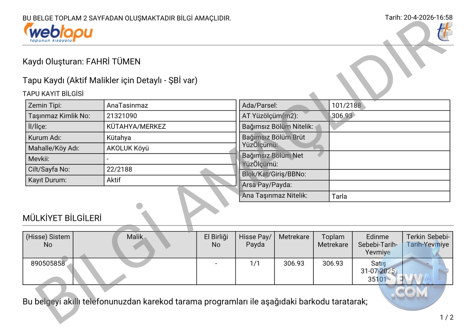 KÜTAHYA MERKEZ AKOLUK KÖYÜNDE 306 M² TARLAMIZ SATILIKTIR. - Kütahya Merkez fotoğraf 5