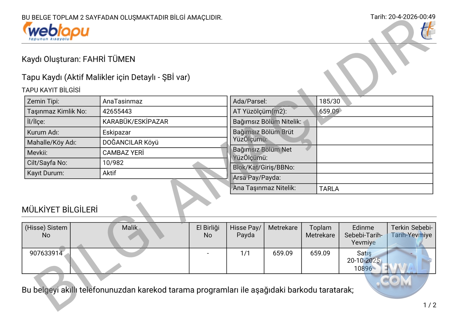 KARABÜK ESKİPAZAR DOĞANCILAR KÖYİÇİ 659 M² TARLAMIZ SATILIKTIR. - Karabük Eskipazar fotoğraf 1