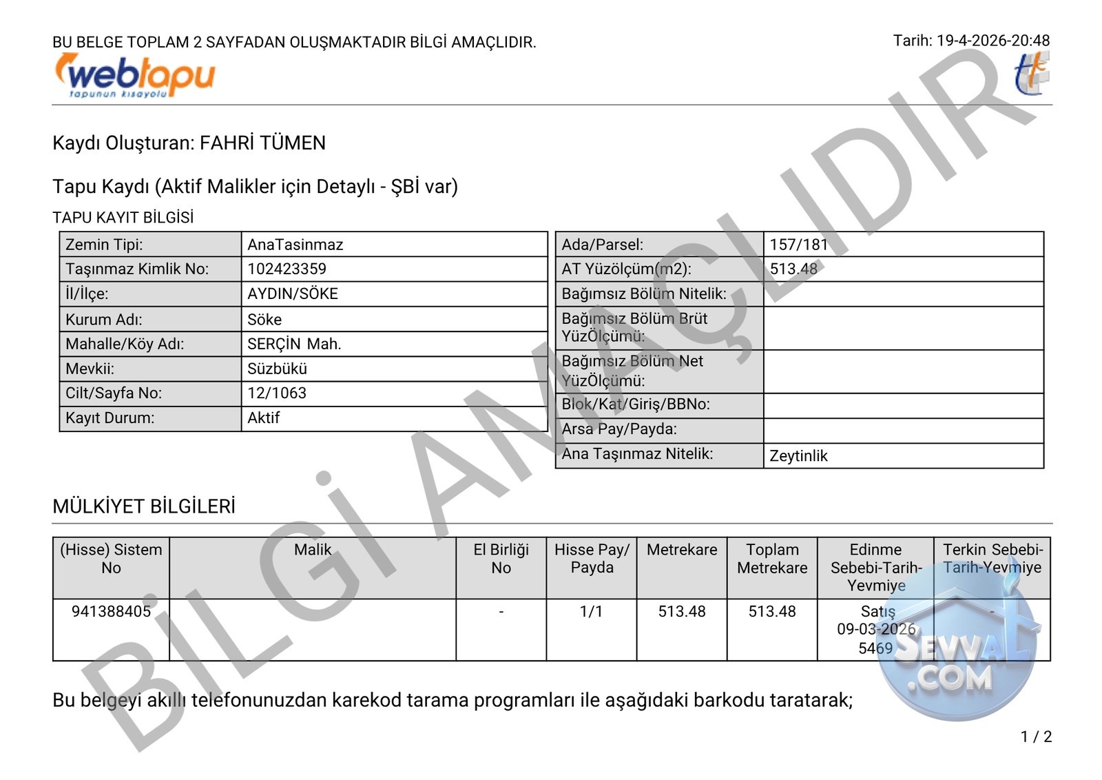 AYDIN SÖKE SERÇİN MAHALLESİNDE 513 m² ZEYTİNLİK SATILIKTIR. - Aydın Söke fotoğraf 3