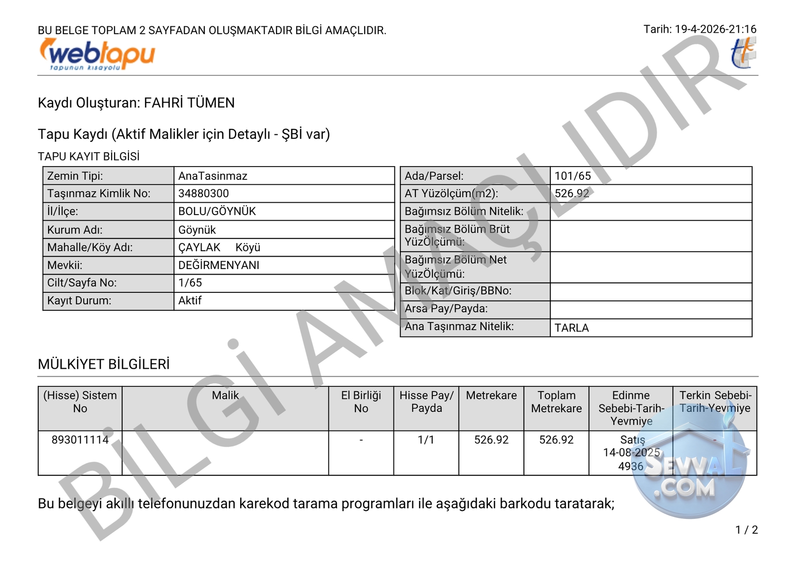 BOLU GÖYNÜK ÇAYLAK KÖYÜNDE 526 m² TARLAMIZ SATILIKTIR. - Bolu Göynük fotoğraf 2