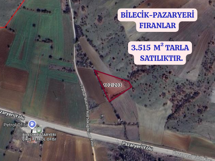 BİLECİK PAZARYERİ FIRANLAR  KÖYÜNDE  3.515 M² TARLA SATILIKTIR. - BİLECİK PAZARYERİ fotoğraf 2
