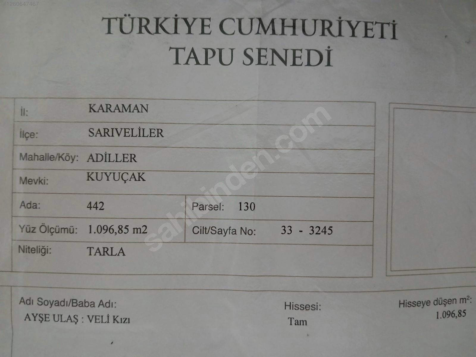   Karaman / Sarıveliler / Adiller Mah. 1096M² TARLAMIZ SATILIKTIR.   - KARAMAN SARIVELİLER fotoğraf 6