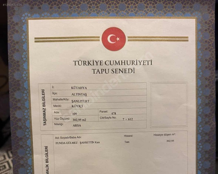  Merkezde İmarlı Arsa 302m²  Kütahya / Altıntaş / Şanlıyurt Köyü