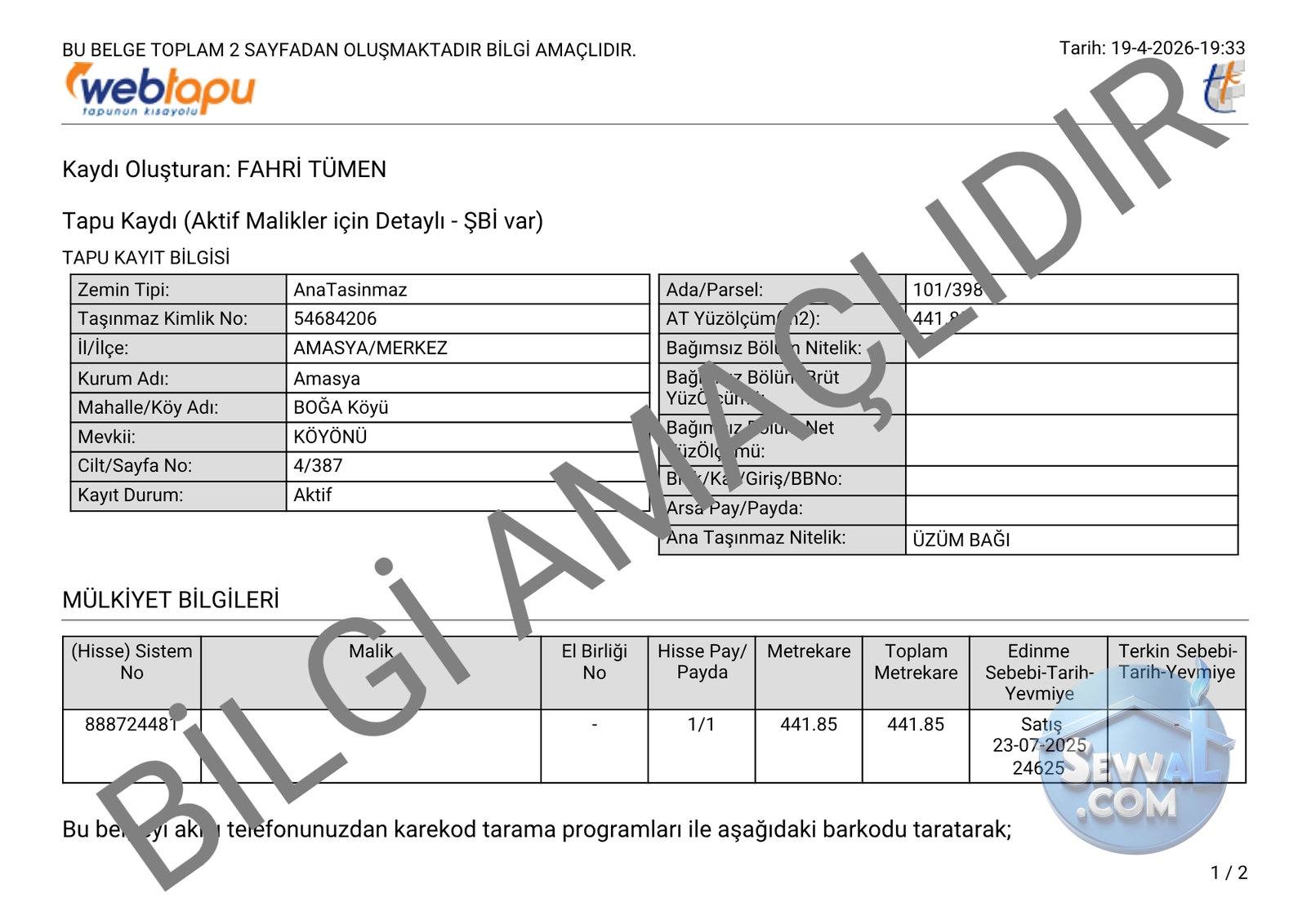 AMASYA MERKEZ BOĞA KÖYÜ 441 m² ÜZÜM BAĞI SATILIK - Amasya Merkez fotoğraf 5