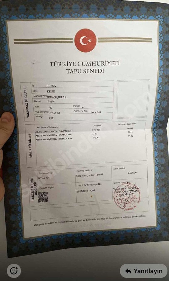 BURSA KELEŞ KIRANIŞIKLAR'DA 697 M² BAĞ SATILIKTIR. - BURSA KELES fotoğraf 5