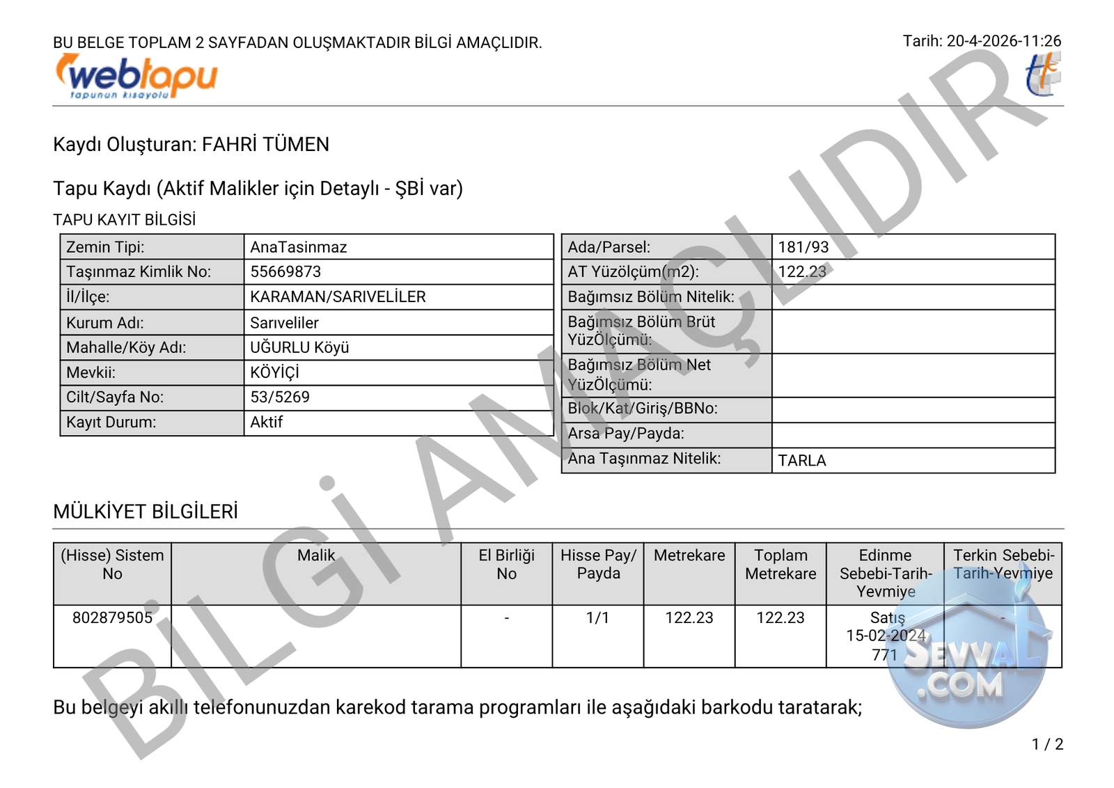 KARAMAN SARIVELİLER UĞURLU KÖYİÇİ İMARLI 122 M² YERİMİZ SATILIK - Karaman Sarıveliler fotoğraf 6