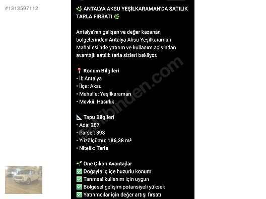tek tapu satılık tarla - ANTALYA AKSU fotoğraf 7