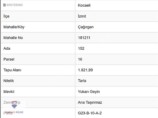 İZMİT ÇAĞIRGAN MAH.1.821 M2 SATILIK TARLA - KOCAELİ İZMİT fotoğraf 2